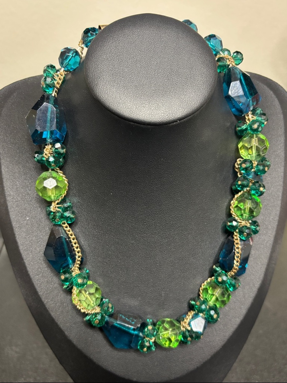 Glass Twisted Gold Tone Turquoise Teal Green Chain Statement Elegant